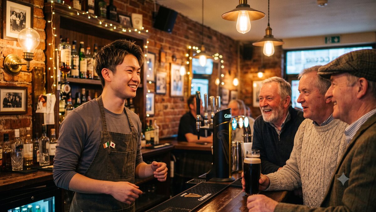 アイルランドのパブでアルバイトをする日本人留学生の様子