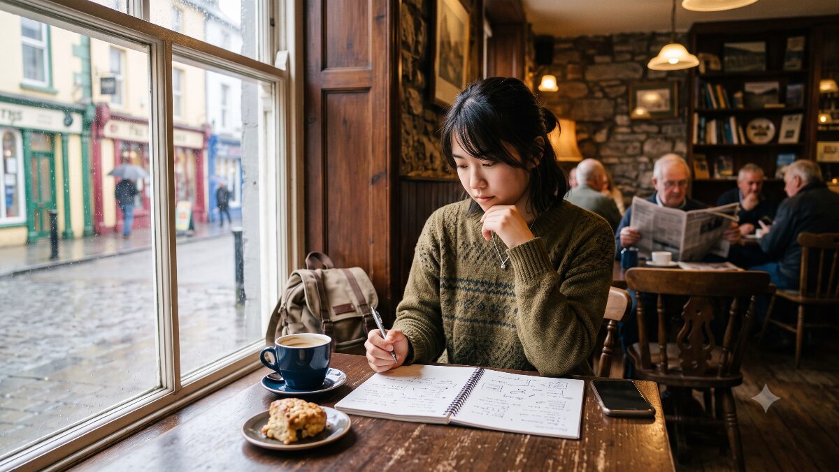 アイルランドのカフェで計画を立てる日本人留学生