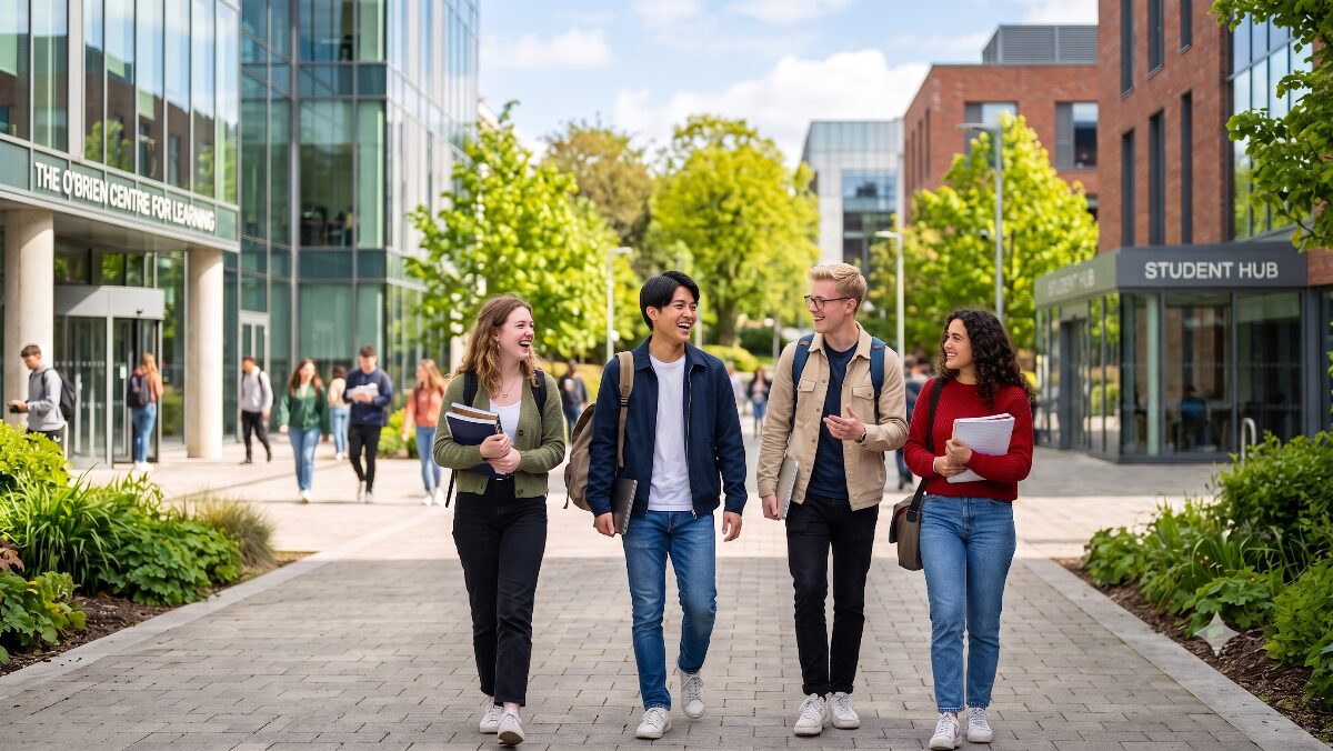 アイルランドの大学キャンパスを現地の友人と歩く日本人留学生