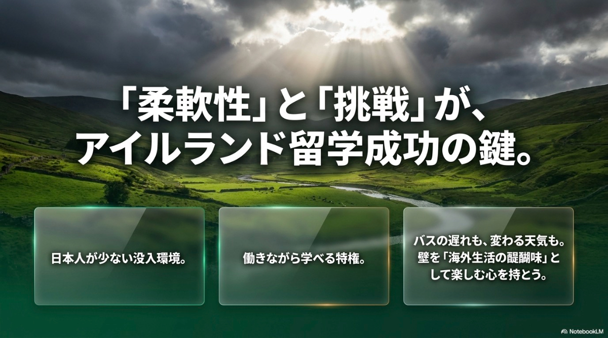 留学において柔軟性と挑戦が大切であることを示した総括スライド
