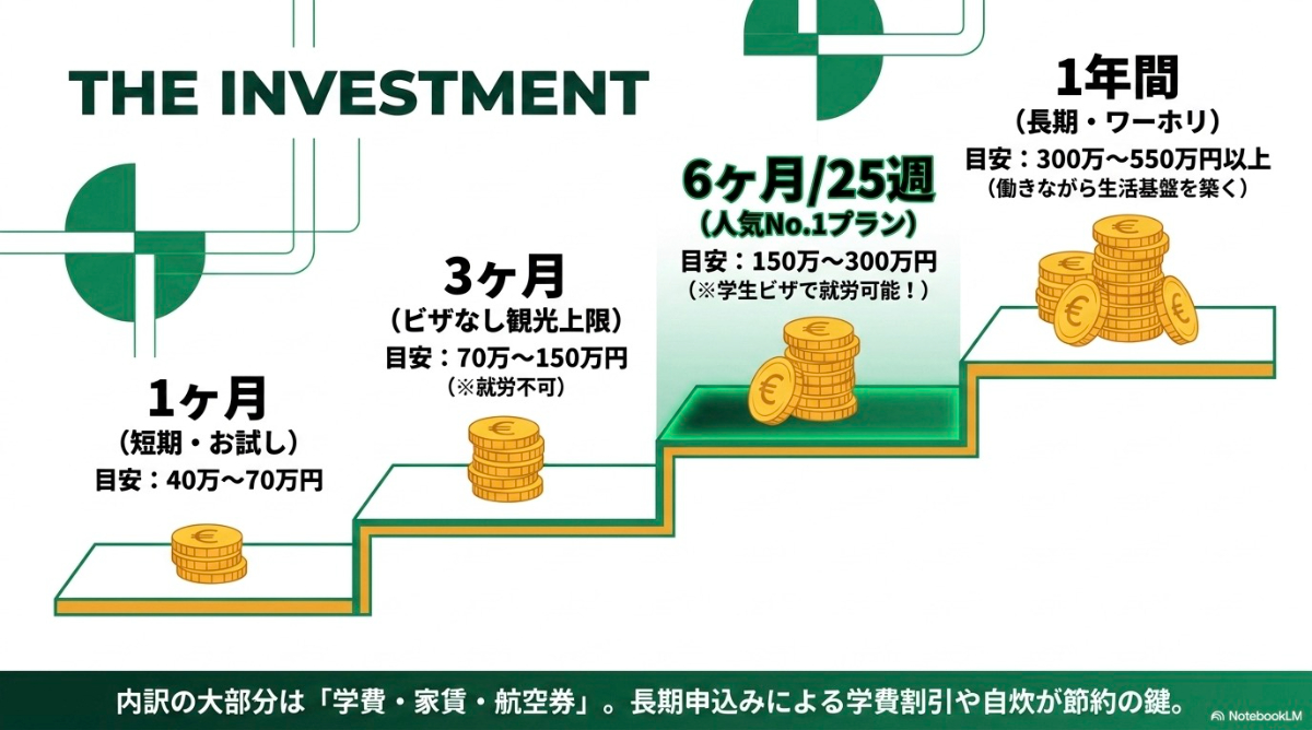 1ヶ月の短期から1年間の長期まで、期間別のアイルランド留学にかかる費用目安
