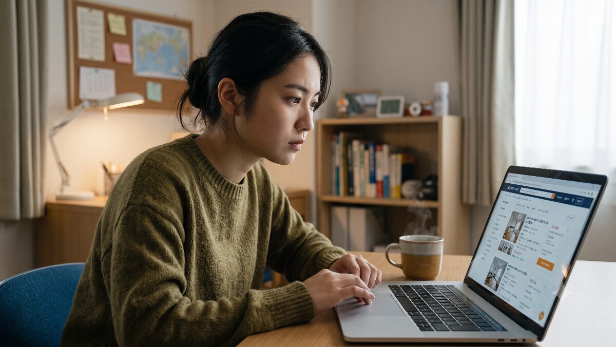 パソコンでアイルランドでの滞在先の情報を探す日本人留学生