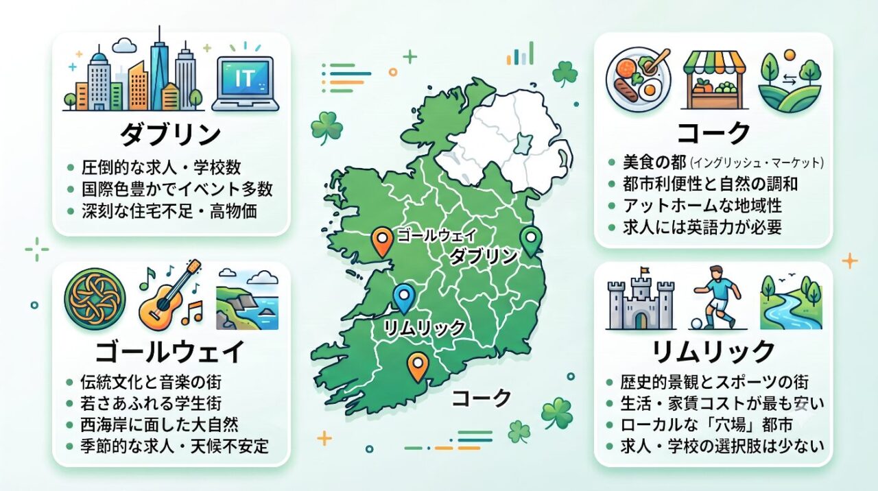 ダブリン、コーク、ゴールウェイ、リムリックなどアイルランドで人気の滞在都市マップ
