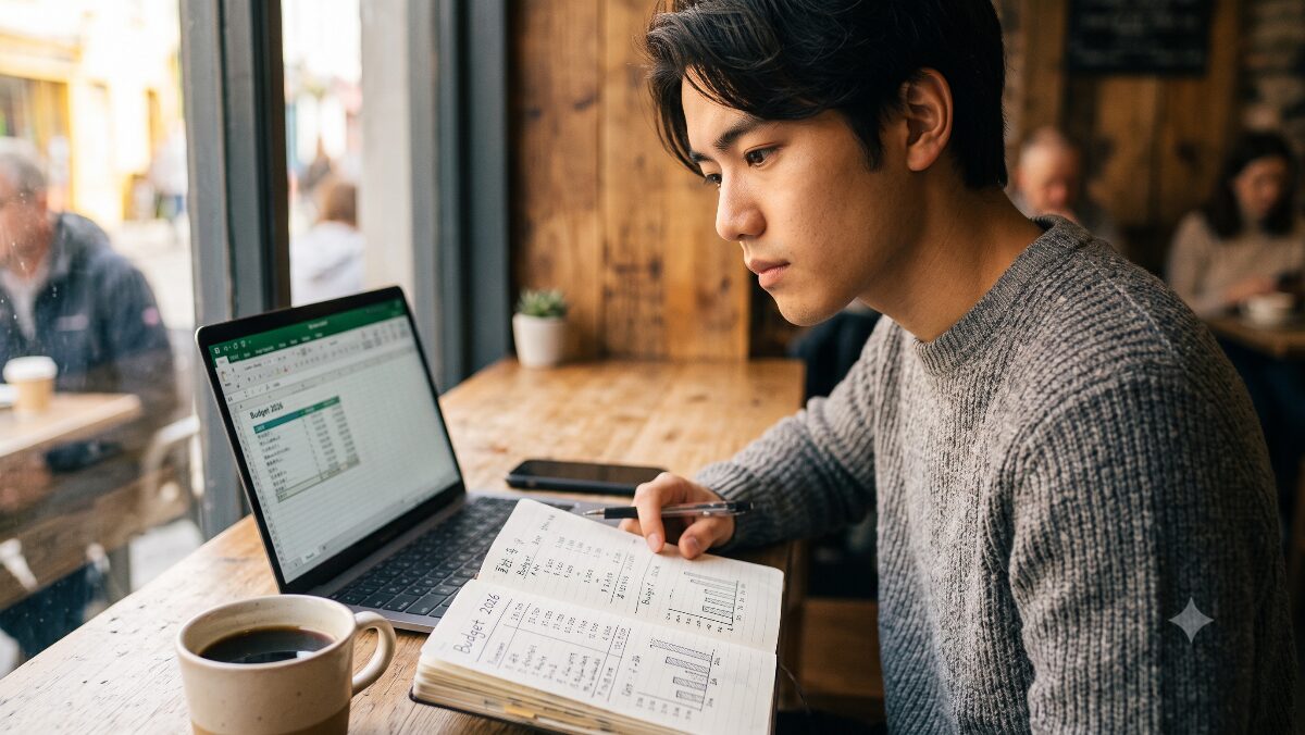 カフェでワーホリでの語学学校やエージェントの検討をする日本人の若者