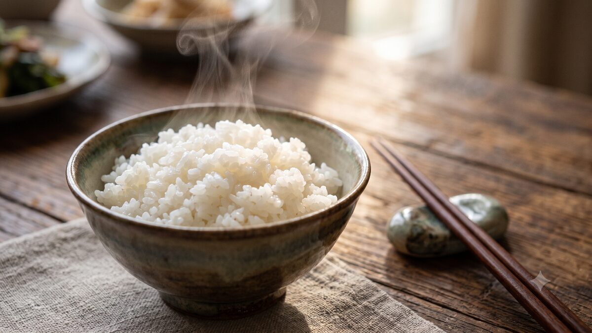 自然の恵みへの感謝と精神性を表す、温かい米飯と木製の箸