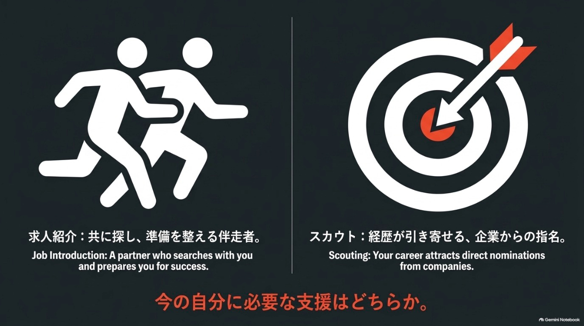 共に求人を探し準備を整える求人紹介と経歴で企業からの指名を引き寄せるスカウトの違いを比較した図