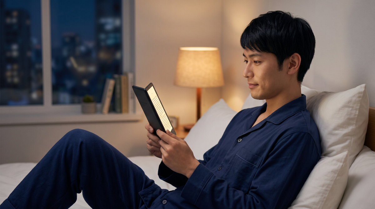 自宅で隙間時間にKindleで多読学習をする男性の様子