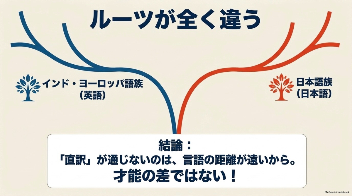 英語はインド・ヨーロッパ語族、日本語は日本語族でありルーツが全く違うため、直訳が通じないのは言語の距離が遠いからであることを示す図