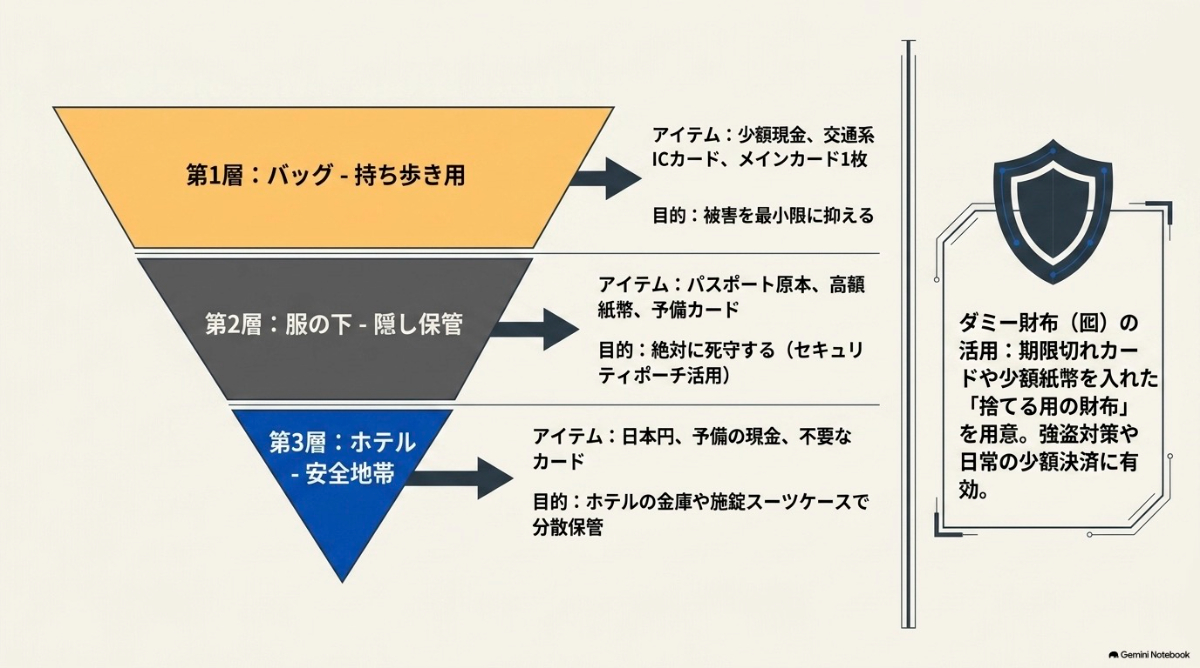 メインバッグ、衣服の下、ホテルの安全地帯に貴重品を分散させ、ダミー財布も活用する防犯対策