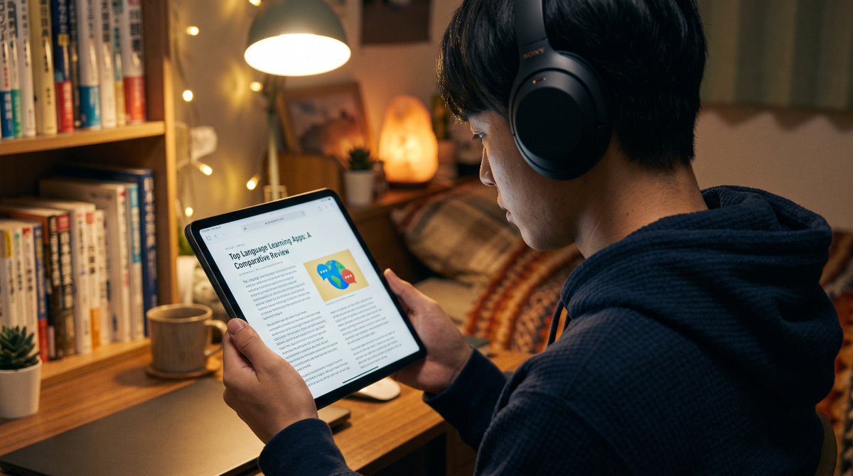 部屋でタブレットを使って英語を読みながら音声を聴き、多読・多聴学習を進める日本人男性