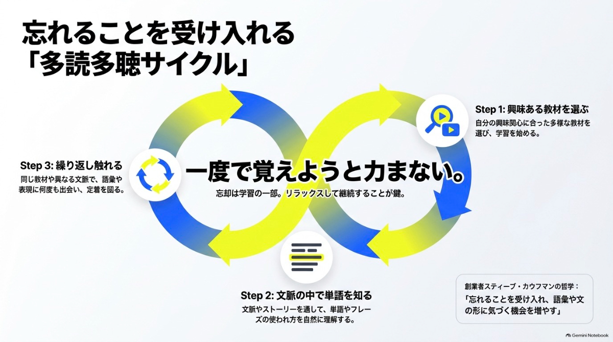 興味ある教材を選び、文脈の中で単語を知り、繰り返し触れる多読多聴サイクルの図解
