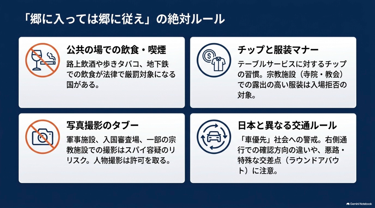 公共での飲食・喫煙、写真撮影のタブー、チップや服装マナー、日本と異なる交通ルールについての注意点