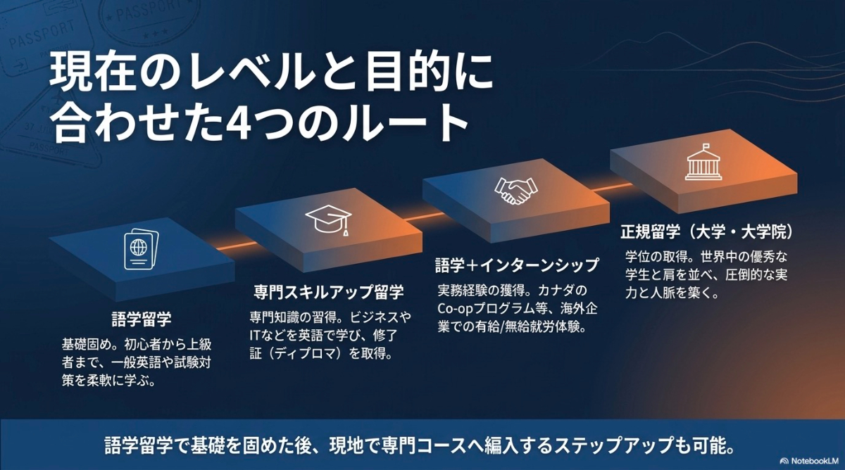 語学留学・専門スキルアップ・インターンシップ・正規留学の4つのルートと特徴