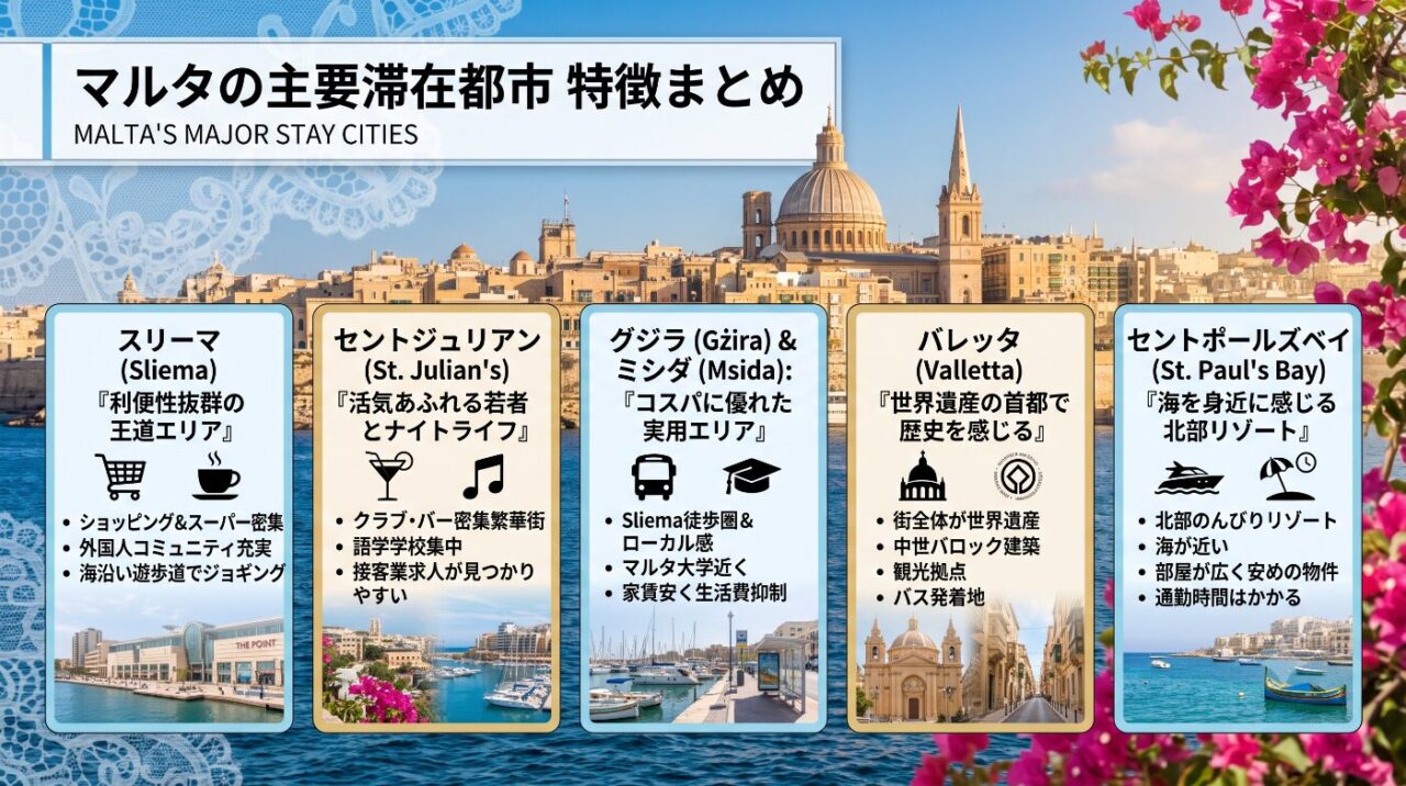 スリーマ、セントジュリアン、グジラ&ミシダ、バレッタ、セントポールズベイなど、マルタの主要な滞在拠点の特徴をまとめたスライド