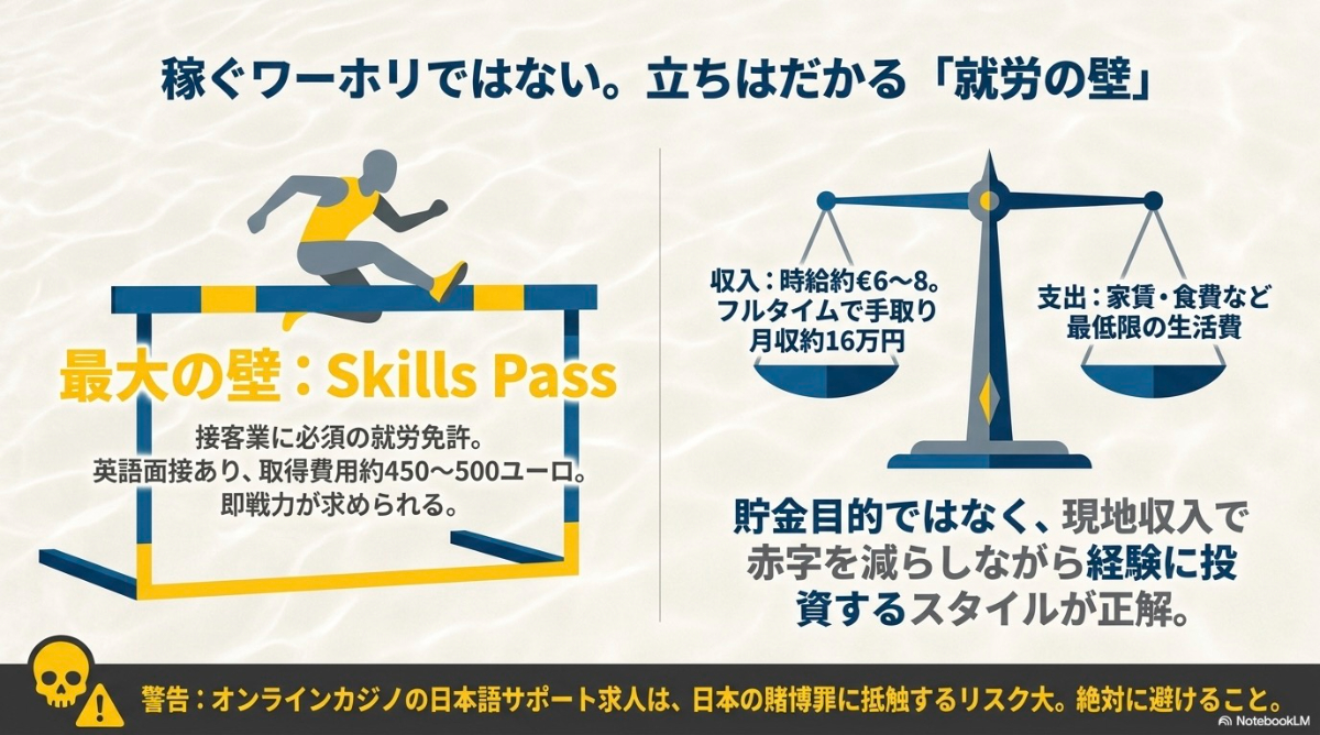 収入と支出のバランスや接客業で必須となる就労免許「Skills Pass」について解説したスライド