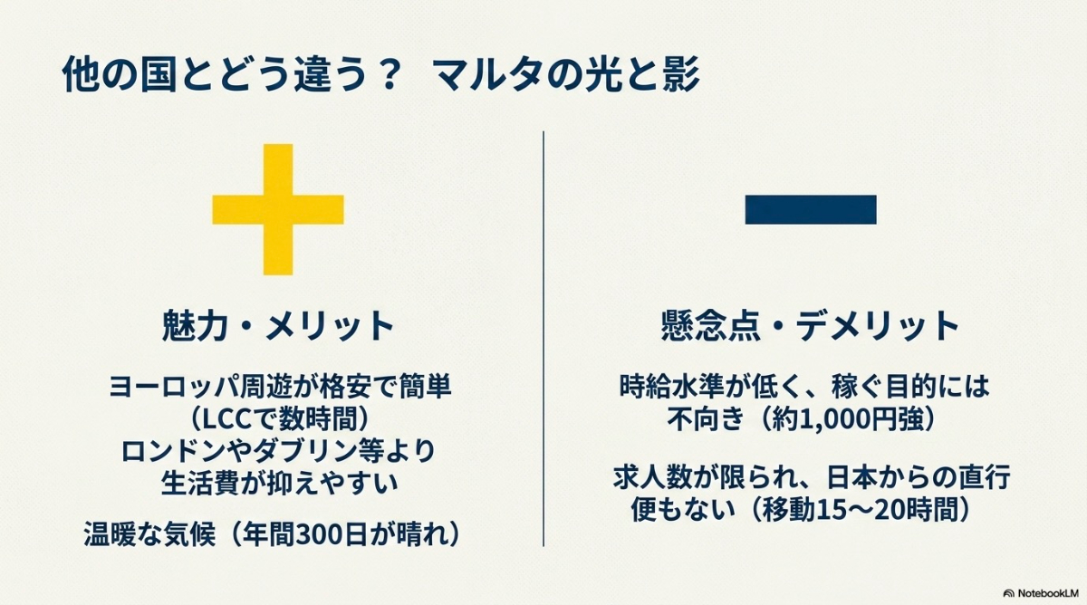 欧州周遊や気候の良さといったメリットと、定員の少なさや時給水準などのデメリットを天秤にかけたマルタワーホリの比較図