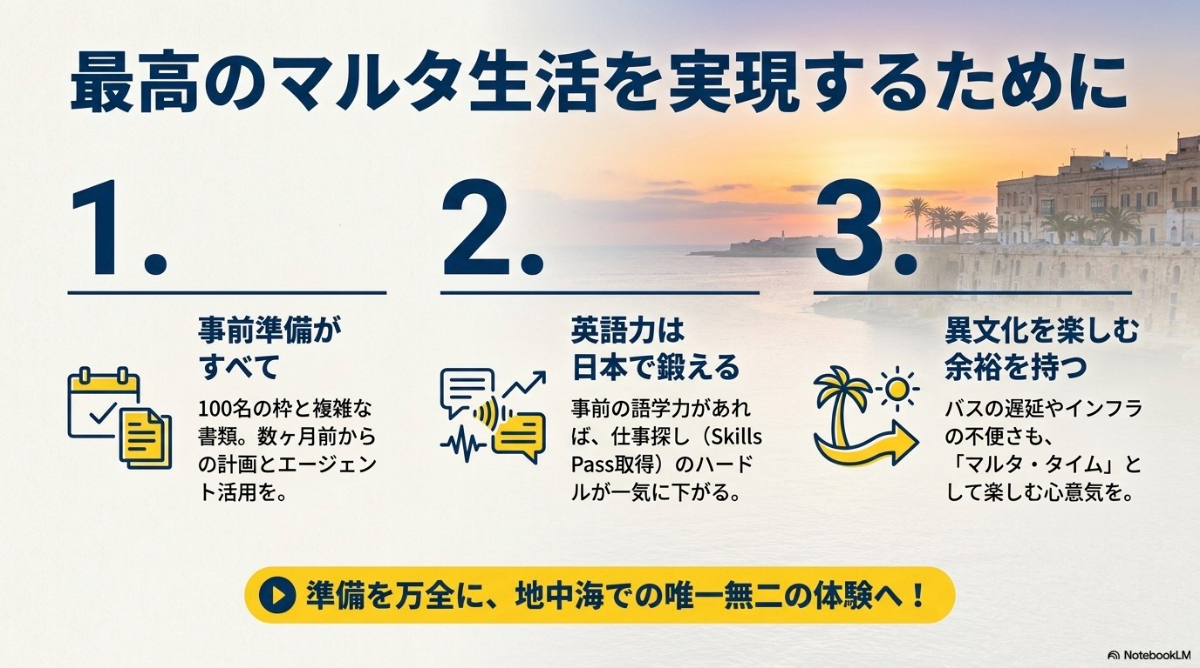 マルタのワーホリで準備や心構えが大切であることを伝える総括スライド
