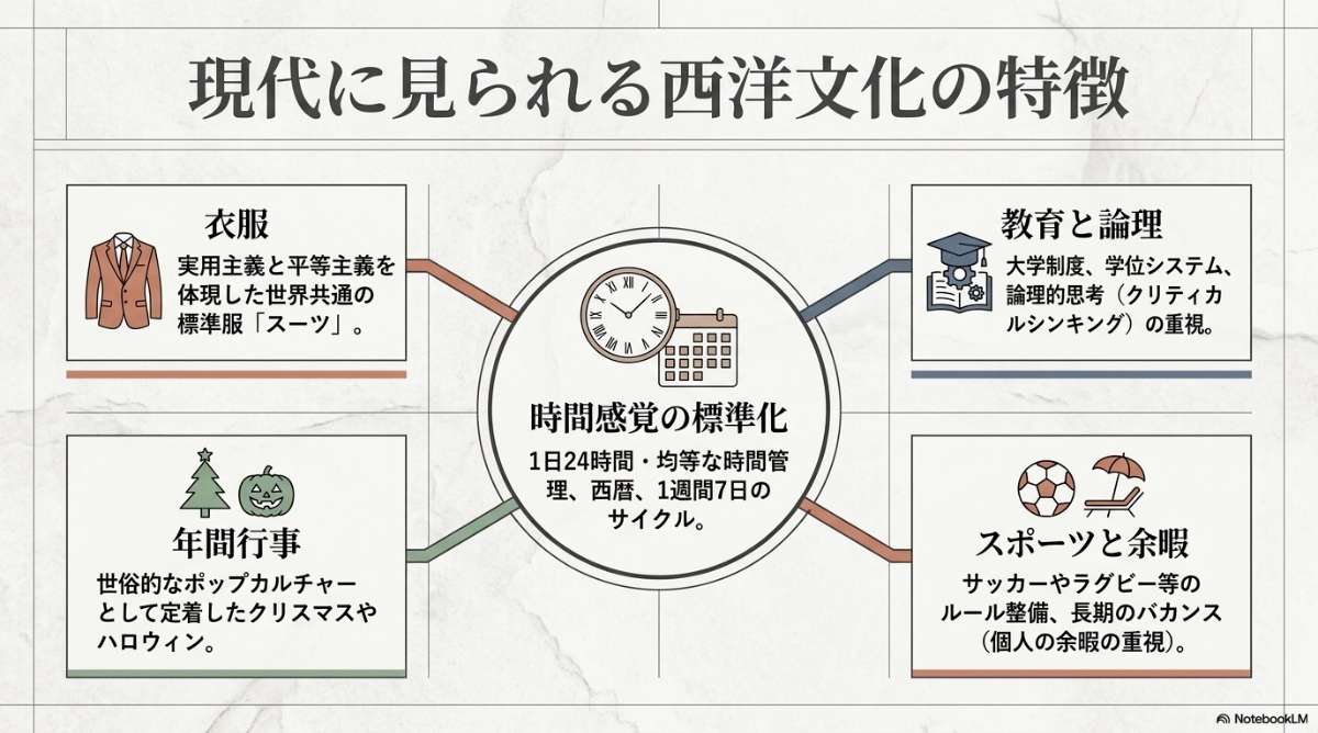 スーツ、カレンダーと時間感覚、大学制度、スポーツや年間行事など現代社会に浸透した西洋文化の具体例