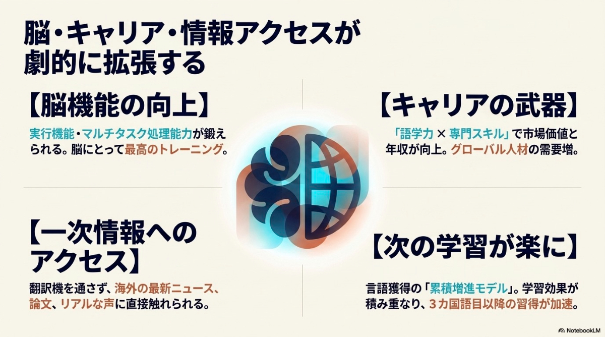 複数言語の習得による、脳機能の向上、キャリアの武器、一次情報へのアクセス、次の学習が楽になるといった4つのメリット
