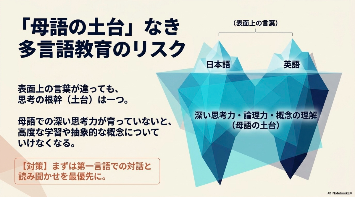 母語での深い思考力という土台がない多言語教育のリスクを、氷山モデルを用いて解説した図