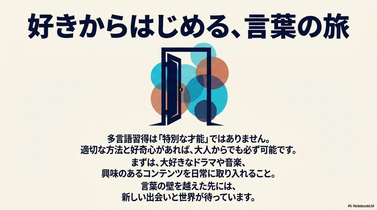 多言語習得で好きなコンテンツから日常に取り入れる大切さを示した総括メッセージ