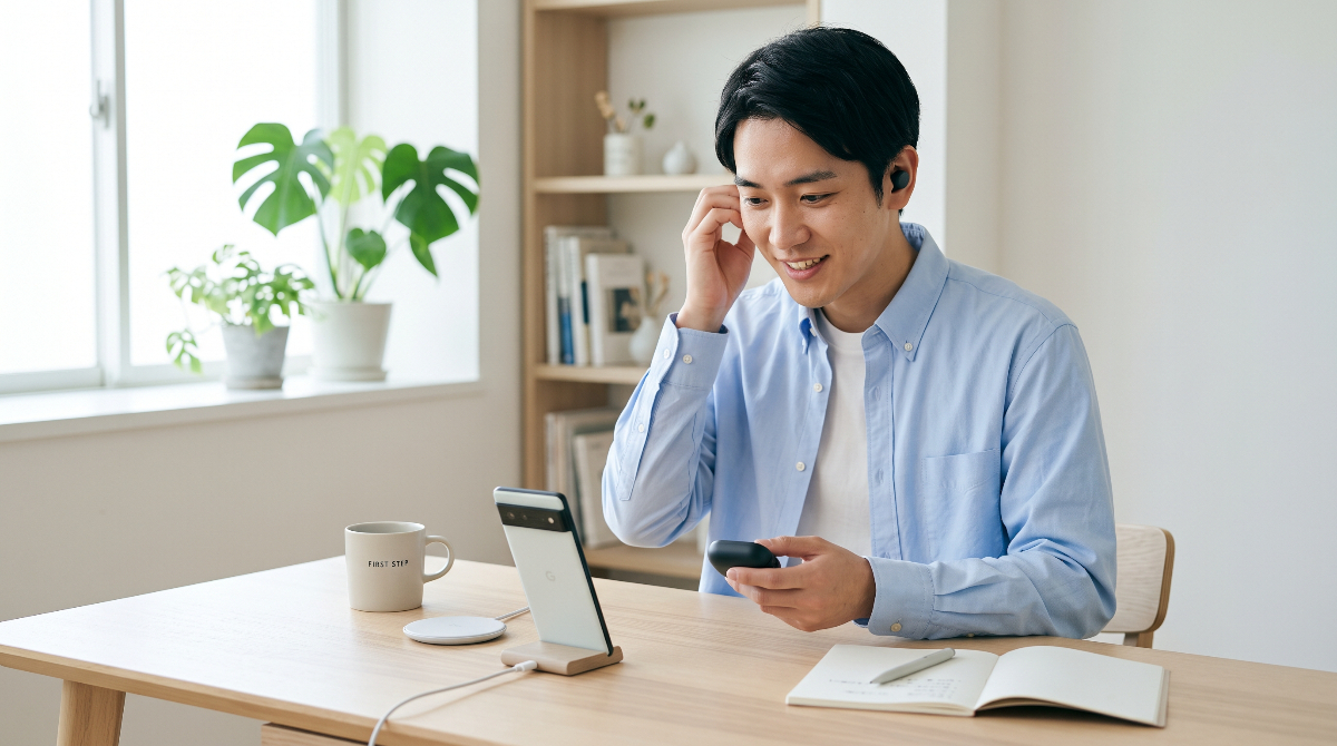 スマホとイヤホンを用意してネイティブキャンプのレッスンに向けて準備と通信確認をする男性