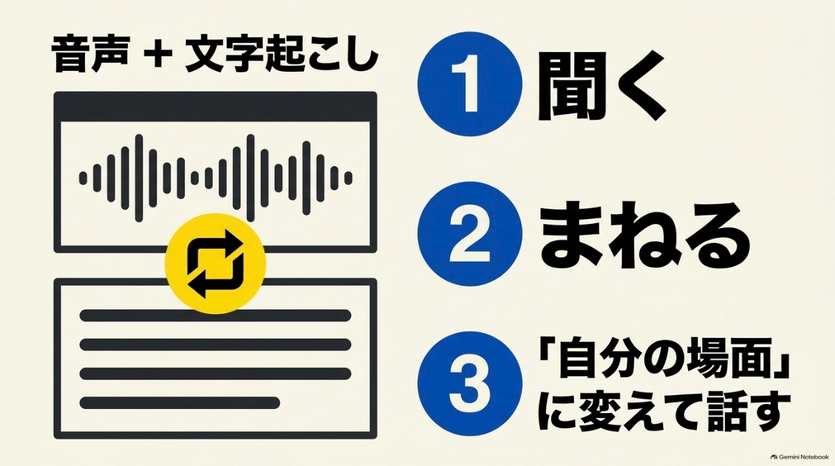 音声と文字起こしを使って自分の場面に変えて話す復習の3ステップ