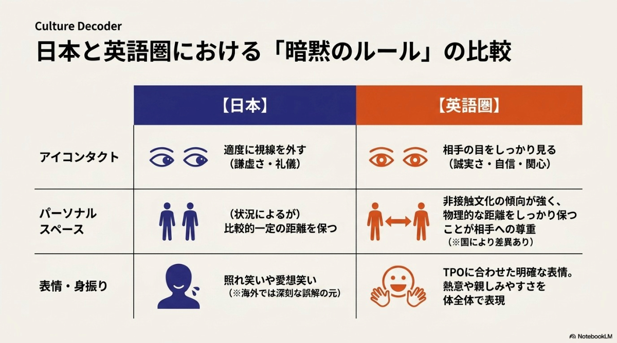 日本と英語圏における非言語コミュニケーションの比較表
