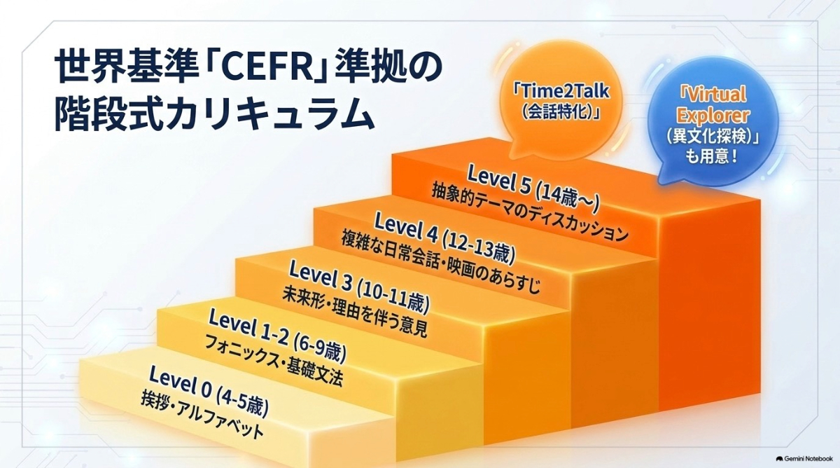 年齢とレベルに合わせて段階的に学べるCEFR準拠カリキュラムの図解