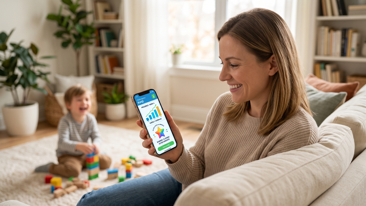 ノバキッドの専用アプリで子どものレッスン進捗やフィードバックを確認する母親