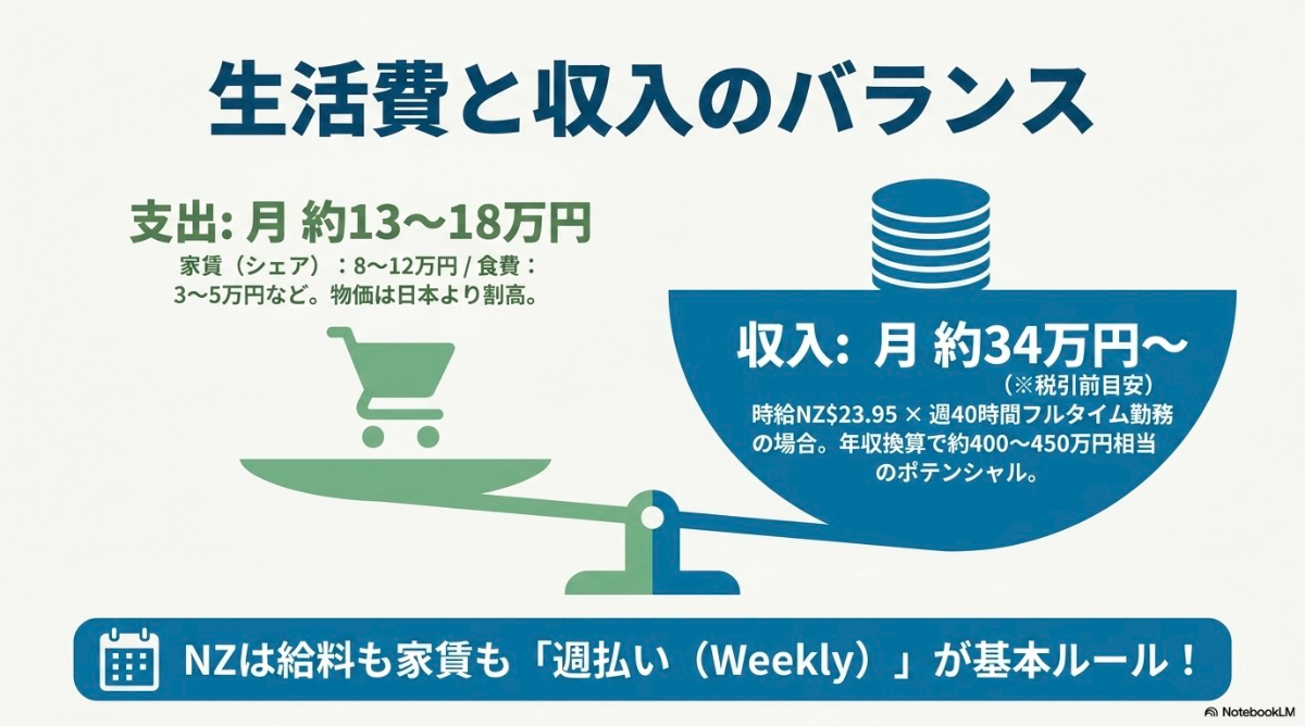 ニュージーランドでの家賃や食費などの生活費とフルタイム勤務時の収入目安
