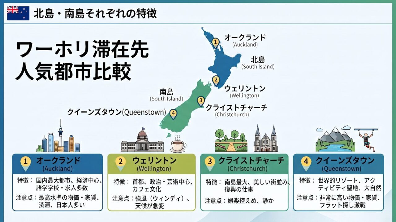 ニュージーランドの4つの主要都市の特徴比較マップ