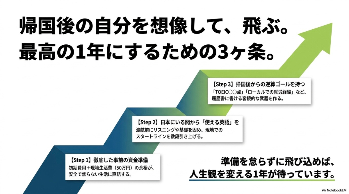 事前の資金準備、英語学習、目標設定など、充実した滞在にするための3つのポイント