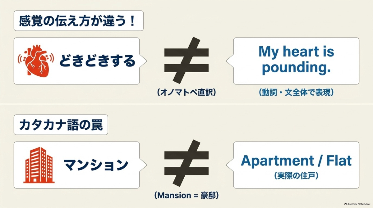 日本語のオノマトペ「どきどきする」は英語では動詞や文全体で表現すること、カタカナ語の「マンション」は英語の豪邸とは意味が異なることを示す図
