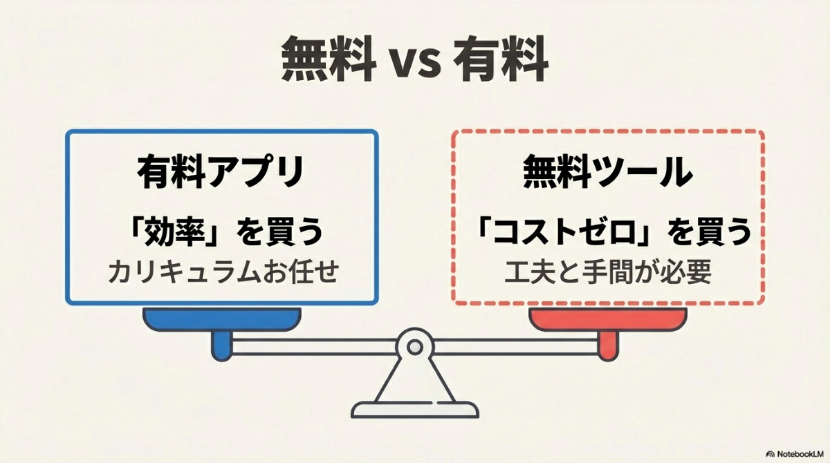 有料アプリと無料ツールの違い。有料は効率とカリキュラムを買い、無料はコストゼロだが工夫と手間が必要であることを比較。
