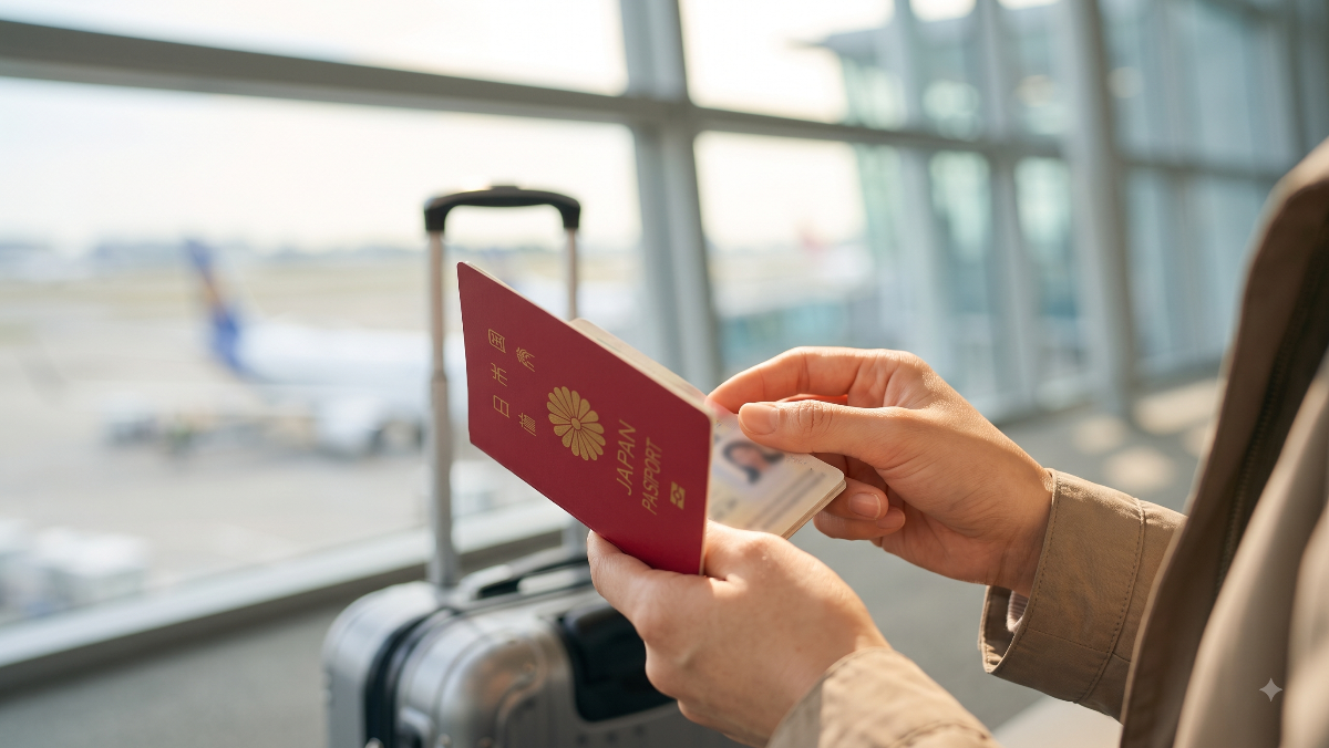 空港のターミナルでパスポートを手に持ち残存有効期間や搭乗手続きの確認をする旅行者
