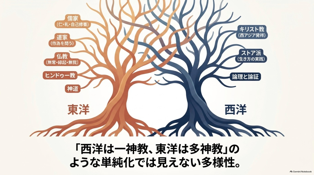 東洋と西洋における哲学や宗教の多様性