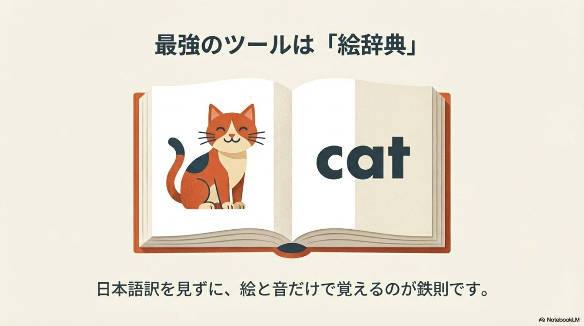 ピクチャーディクショナリーのイメージ。猫のイラストと「cat」という文字のみで構成され、日本語訳がないページ。