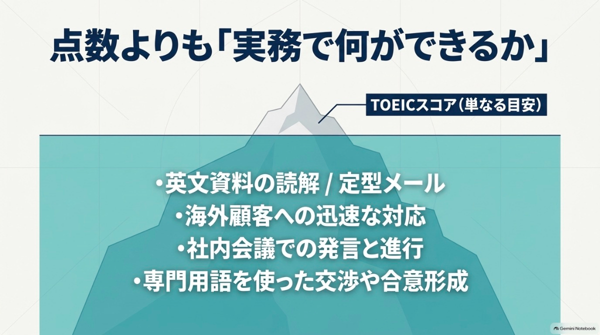 目安であるTOEICスコアよりも実務で何ができるかが重要であることを示す図