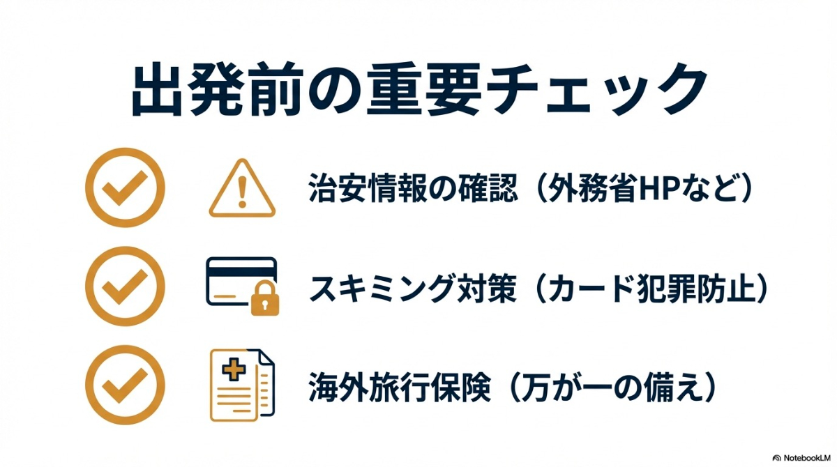 治安情報の確認やスキミング対策、保険など出発前の重要チェックリストのスライド