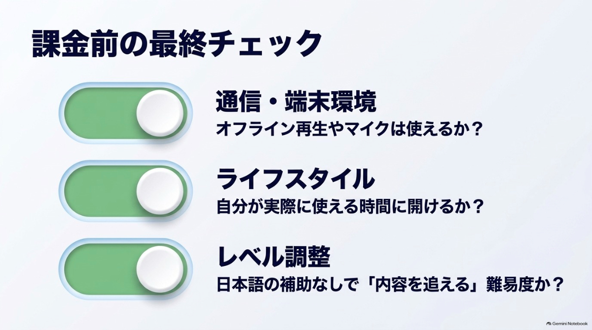 通信環境、ライフスタイル、レベル調整など、アプリ課金前の最終確認リスト