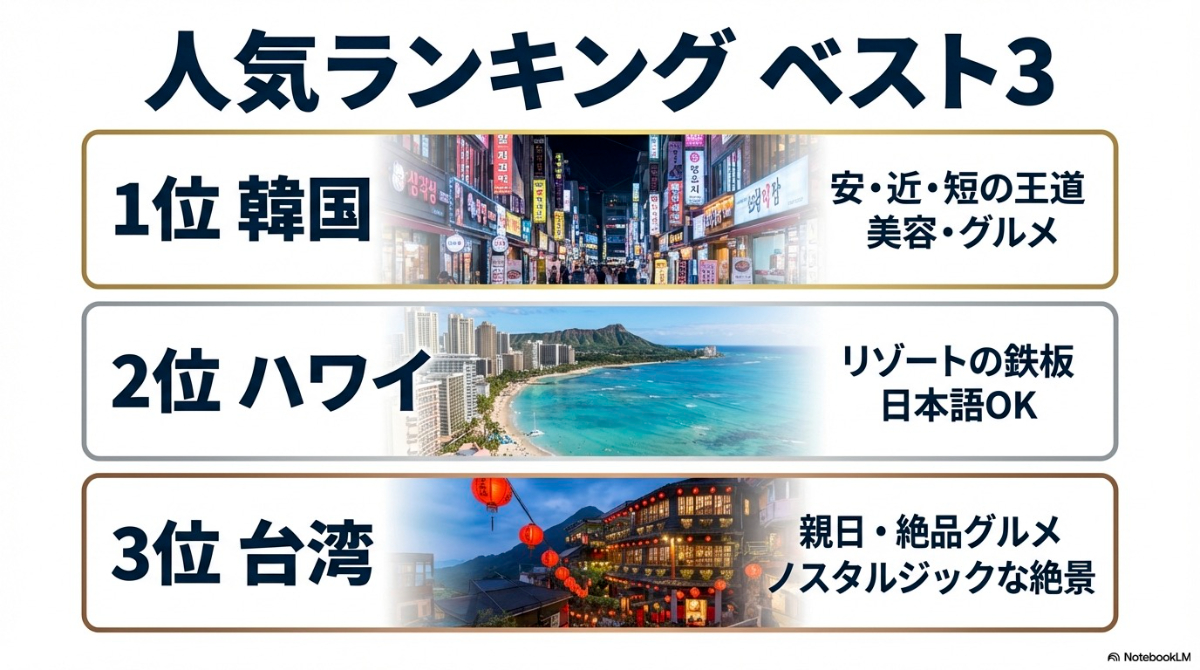 1位韓国、2位ハワイ、3位台湾が掲載された海外旅行人気ランキングのスライド