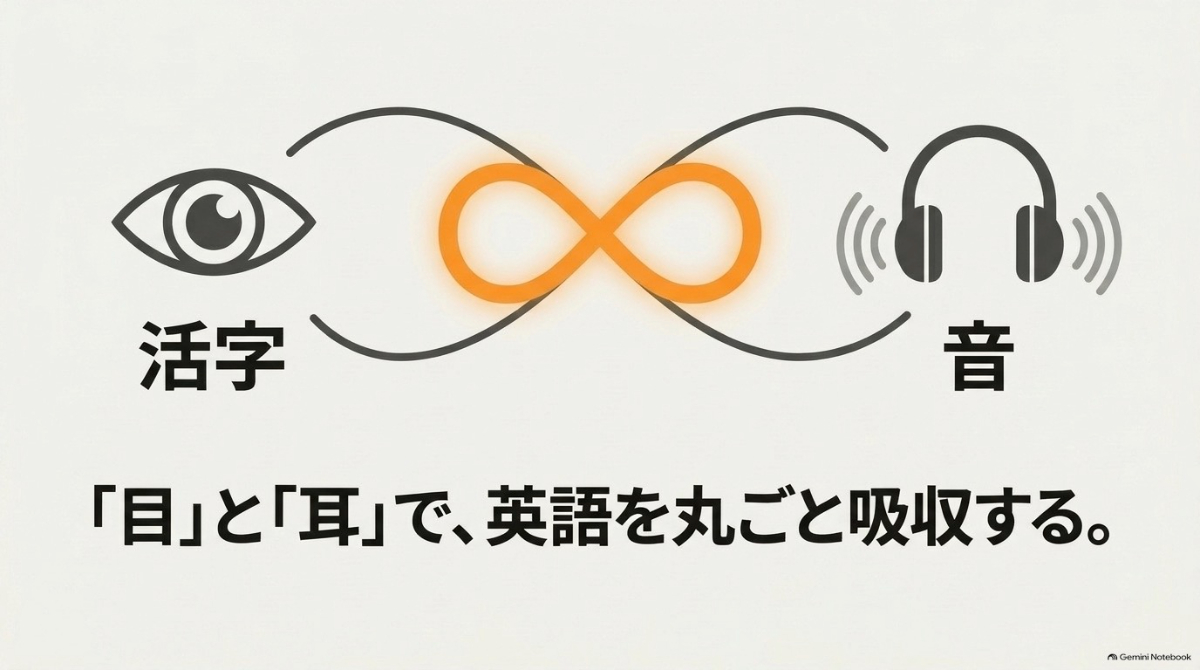 目で活字を追い、耳で音声を聴いて英語を吸収するイメージスライド