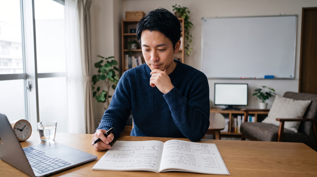 英語学習の停滞期に直面し、落ち着いて学習計画を見直している日本人学習者の様子