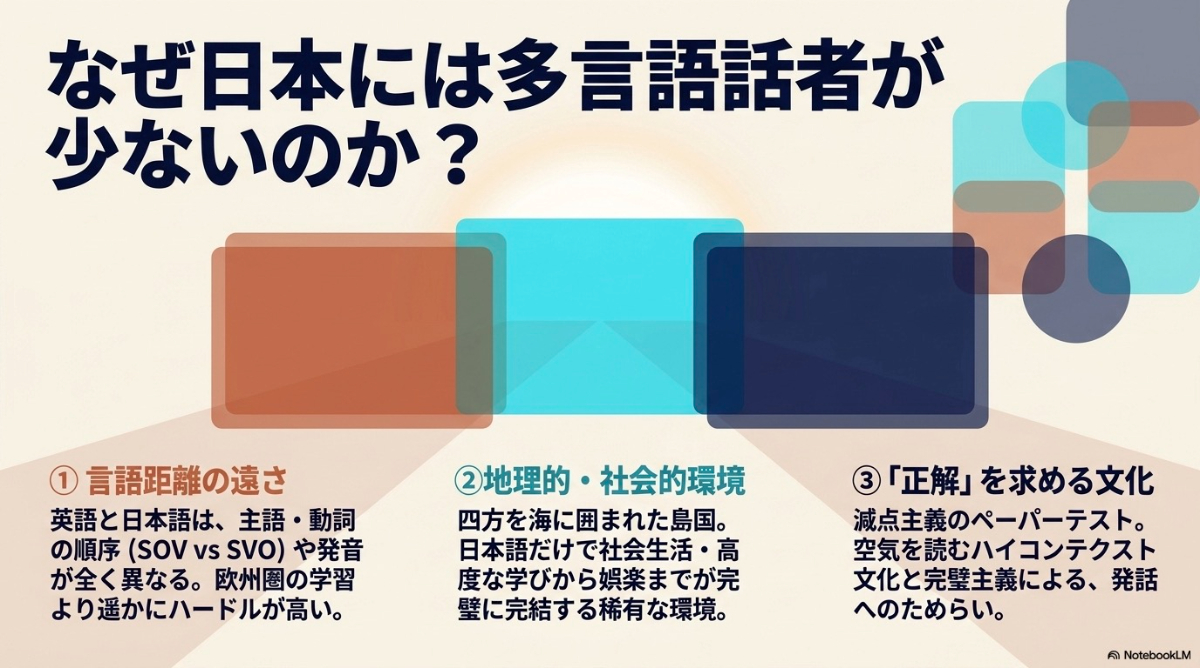 日本に多言語話者が少ない理由として、言語距離の遠さ、地理的・社会的環境、文化背景を挙げたスライド