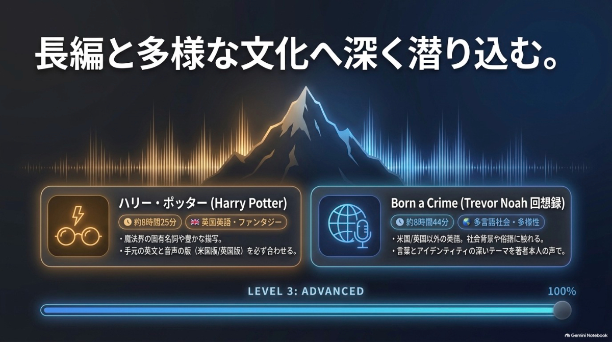 ハリー・ポッターや多言語社会に触れる回想録など、長編と多様な文化に触れる上級者向け作品
