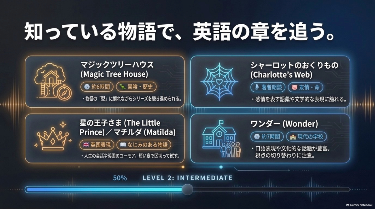 マジックツリーハウスや星の王子さまなど、知っている物語で英語の章を追う中級者向け作品