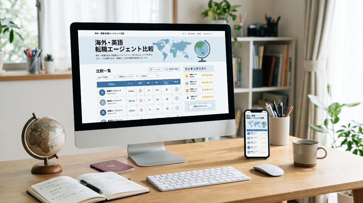 外資系企業や海外就職など目的別に海外・英語関連の転職エージェントを比較検討しているイメージ