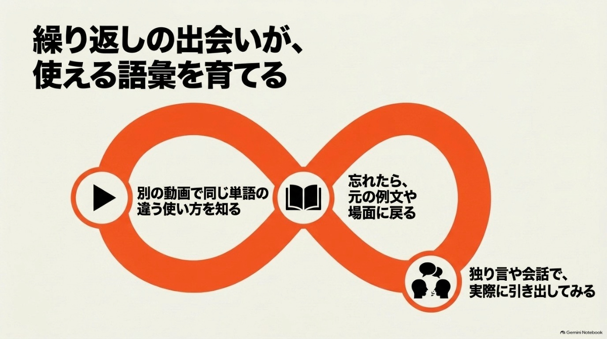繰り返しによって使える語彙を育てることを説明したサイクル図