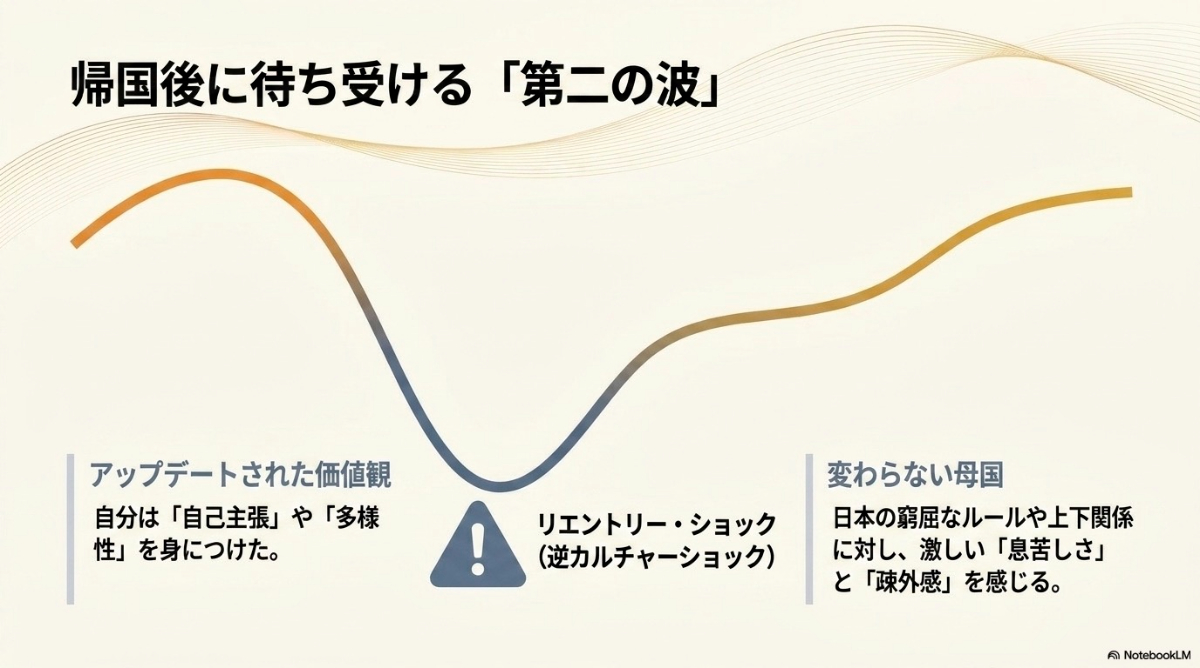 海外で価値観がアップデートされた後に母国へ帰ることで生じる逆カルチャーショック(リエントリー・ショック)の曲線グラフ